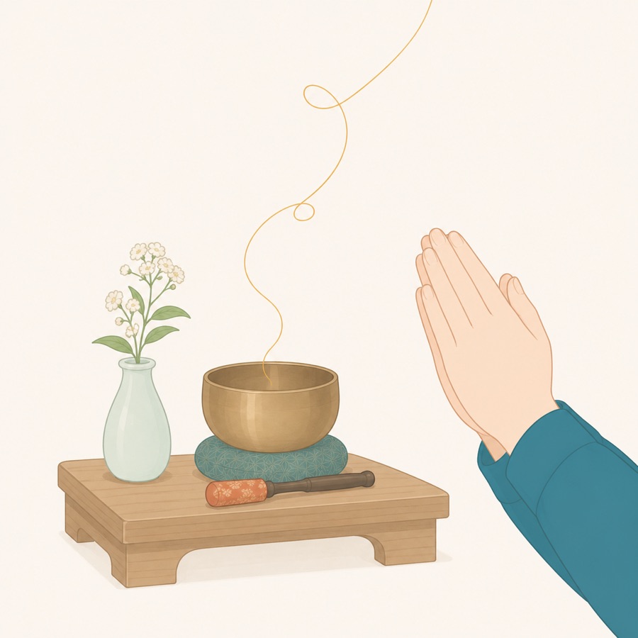 おりんと白い花の前で合掌する手のイラスト