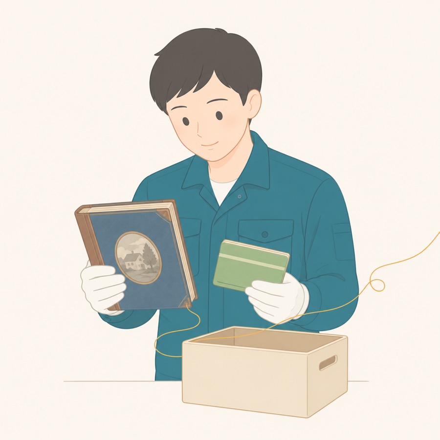 白い手袋でアルバムと通帳を丁寧に扱うスタッフのイラスト